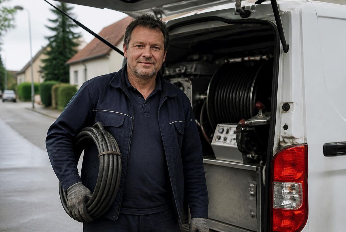 Monteur von Rohrreinigung Becker mit Reinigungsspirale am Servicefahrzeug