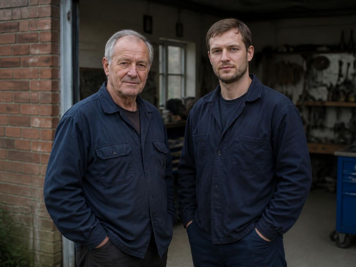 Vater und Sohn von Rohrreinigung Becker vor der eigenen Werkstatt
